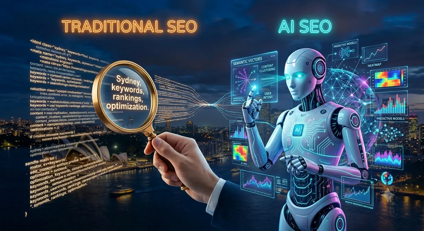 2. Traditional SEO (magnifying glass) vs. AI SEO (robot analyzing data)