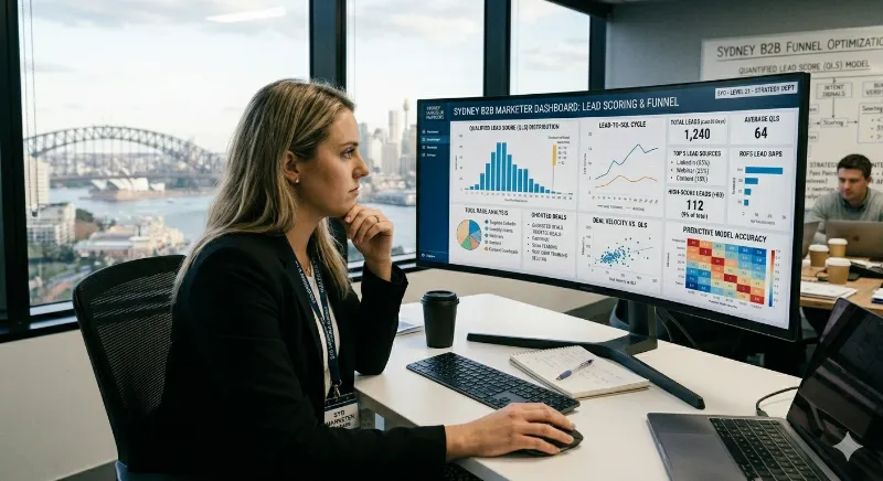 A Sydney marketer analyzing a dashboard with lead scoring metrics on a sleek monitor