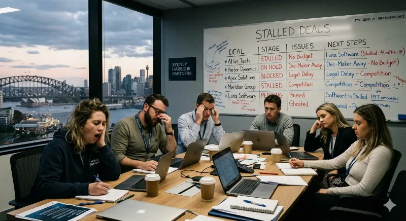 A Sydney sales team in a meeting, looking exhausted with a whiteboard full of stalled deals