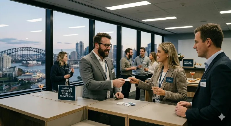 A professional networking event in Sydney, with executives exchanging business cards